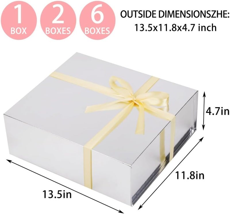 UoeRing 2 Pack Silver Gift Box Large 13.5x11.8x4.7 inch Luxury Gift Box for Presents with Magnetic Closure Lid Collapsible,Birthday,Contains Card, Ribbon, Tissue Paper,Shredded Paper Filler - Image 2